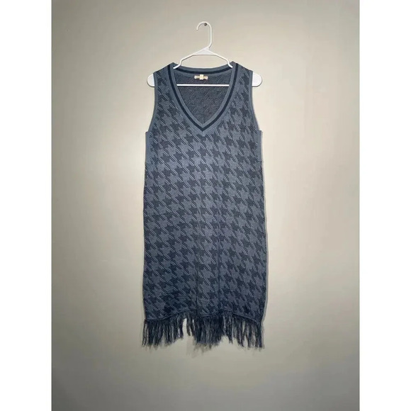 Mystree Blue Houndstooth Knit Sweater Vest Style Mini Dress with Fringe - Picture 1 of 10
